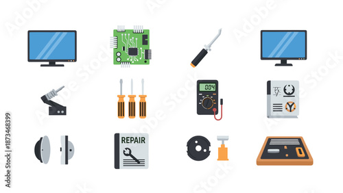 Electronics repair tools and equipment icon set for modern technology maintenance