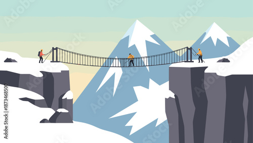 Adventurers cross bridge with majestic snowy mountain in background
