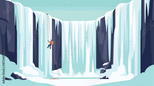 Adventurer climbing icy waterfall in winter landscape with dramatic misty background