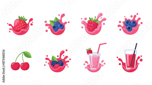 Fruit splash icons: colorful juicy berries and refreshing drinks collection