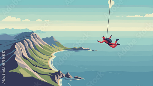 Paraglider soars along scenic coastal cliffs in vibrant flat artwork