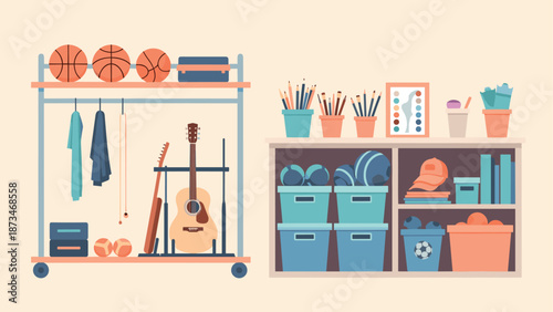 Flat style home storage with sports equipment and musical instruments