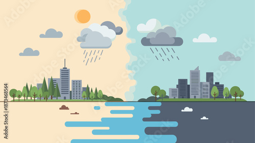Day and night weather cityscape with skyline and nature elements