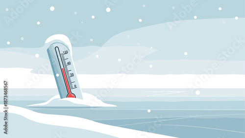 Winter landscape with thermometer showing subzero temperature in snowy scene