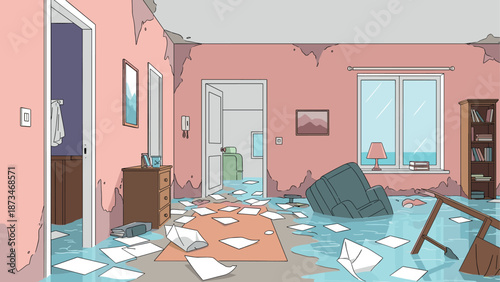 Flooded living room disaster: damaged walls and furniture chaos