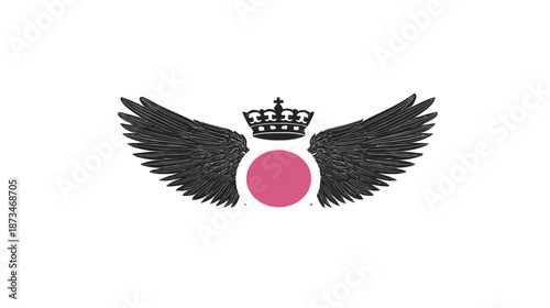 Majestic black wings with a royal crown above a vibrant pink circle, elegant graphic design concept for luxury and power.