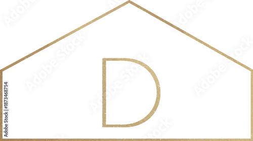 Minimalist golden outline house icon with uppercase letter D inside, elegant simple home symbol vector graphic