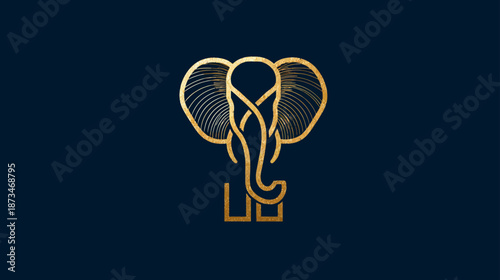 Luxurious golden elephant head logo, elegant abstract line art on a dark navy blue background, modern animal symbol