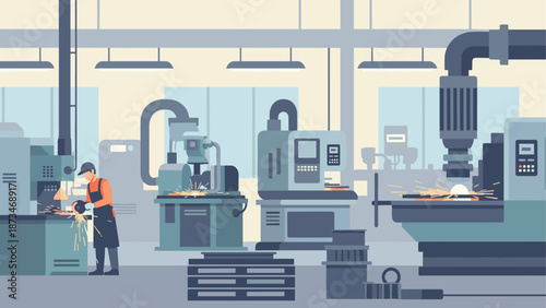 Industrial workshop with various machines and worker operating equipment in flat design