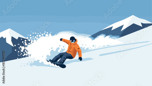 Snowboarder carving down snowy mountain in vibrant winter scene with blue skies