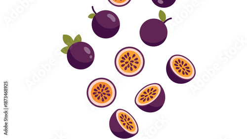 Flat passion fruit and purple berry pattern with seed details