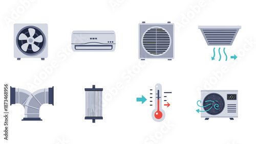 Air conditioning and ventilation devices in flat style for modern hvac systems
