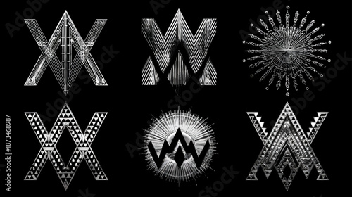 Collection of stylized geometric abstract symbols with intricate tribal patterns and grunge textures on a dark background.