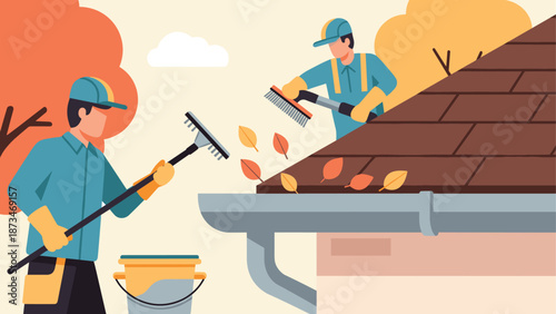 Fall home maintenance: workers cleaning leaves from roof gutters in autumn scene