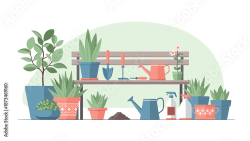 Gardening tools and plants on bench with potted greenery in flat design