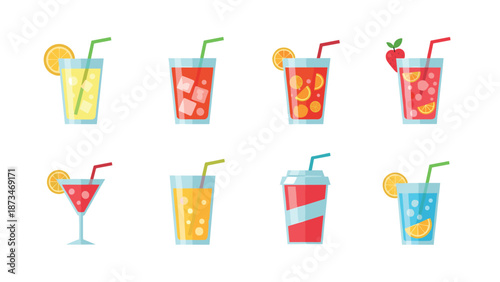 Colorful set of refreshing beverage glasses with fruits and straws