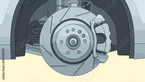 Detailed car brake system with caliper in cutaway view