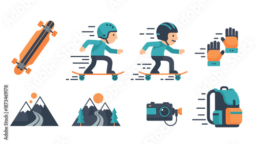 Urban skateboarding adventure icons featuring gear and landscapes