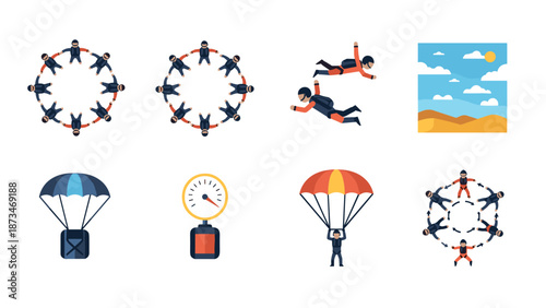 Skydiving team in formation with parachutes and altimeter icons in flat style