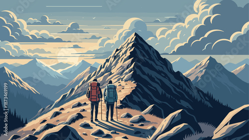 Adventure awaits: backpackers exploring majestic mountain landscape at sunset in retro style