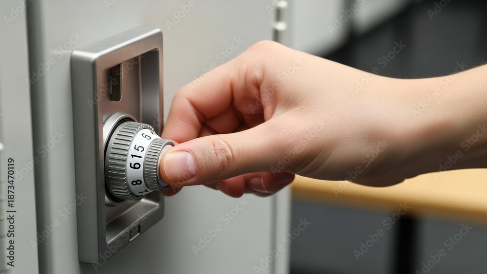 Obraz premium Operating a secure combination lock, precisely turning the dial to input a numerical password
