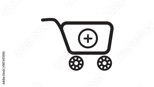 Line art shopping cart icon with a plus sign, perfect for adding items to a virtual shopping cart. Ecommerce websites, apps, design.