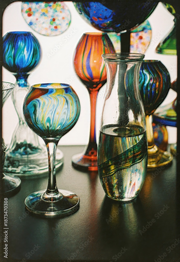 Obraz premium Art glass display in a workshop with soft lighting