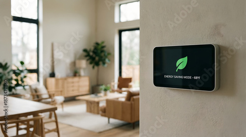 Modern thermostat smart home energy saving digital screen green leaf living room wall mounted temperature control sustainable design smart