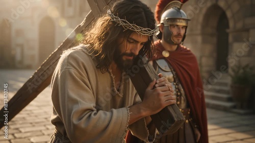 Jesus Christ wearing a crown of thorns carrying a heavy wooden cross. Roman soldier guarding the procession in ancient Jerusalem. Biblical Passion concept for Easter