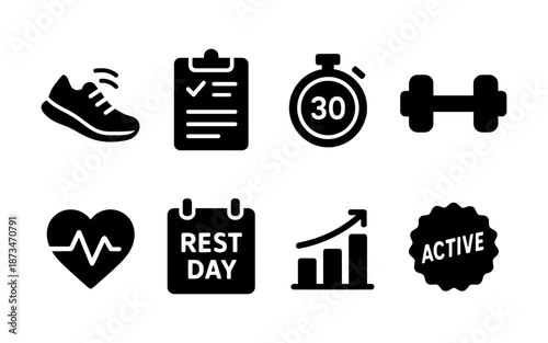 Fitness and health icons representing workout, rest, and progress