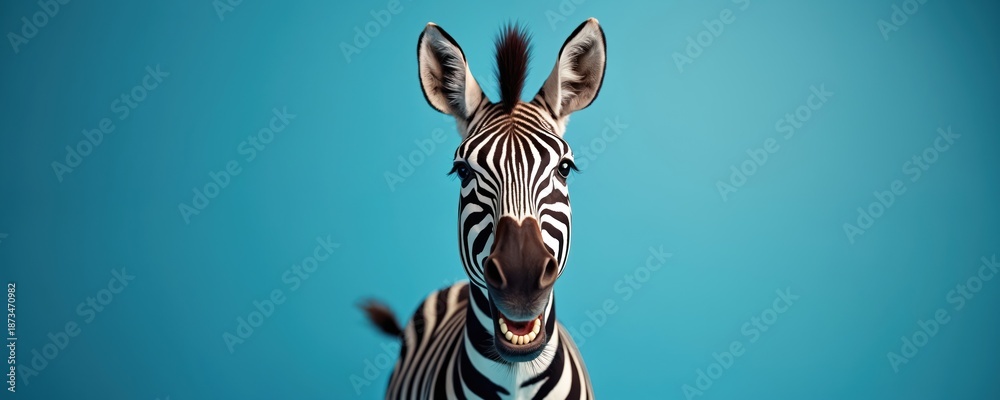 Naklejka premium Close up of a happy zebra face with mouth open in a wide smile and teeth showing. The animal has distinctive black and white stripes against a solid blue background.