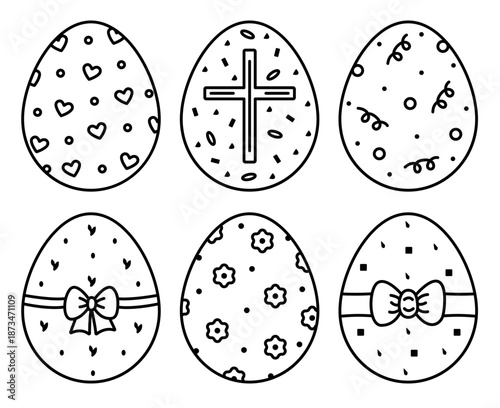 Black line decorated Easter eggs with different patterns, vector icon set. Traditional Eastern European food for the holiday, monochrome outline signs. Creative festive linear pictograms, cliparts