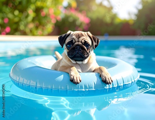 A cute pug puppy floats in a blue pool on an inflatable ring on a sunny day. Green foliage and flowers are blurred in the background