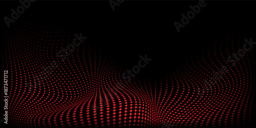 Red halftone wave gradient texture. Retro dotted wallpaper. Comic pop art style checkered frame texture. Wave pattern on black background for banner, flyer, poster, presentation.