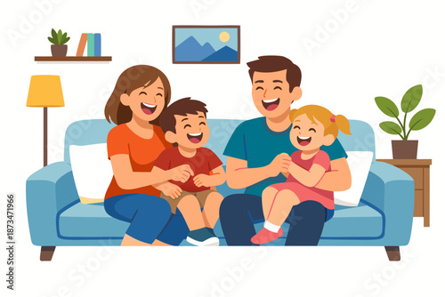  a happy family with two children playing on the sofa in their modern living room