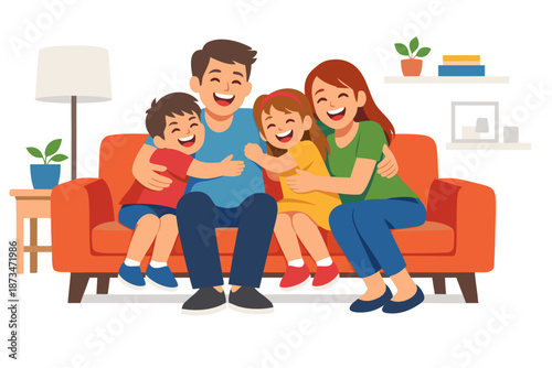  a happy family with two children playing on the sofa in their modern living room