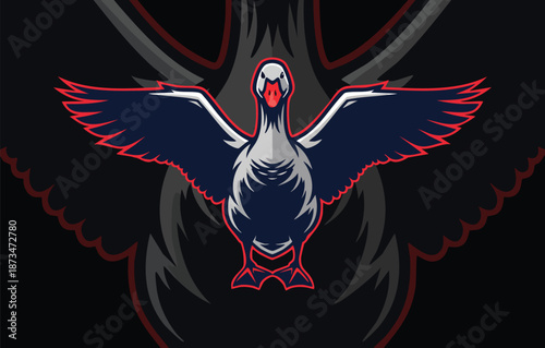 Aggressive Black Swan or Waterfowl Mascot Logo with Wide Open Wings Pose