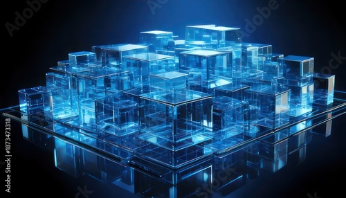 Abstract Blue Glass Cubes - Modern Technology and Futuristic Design.