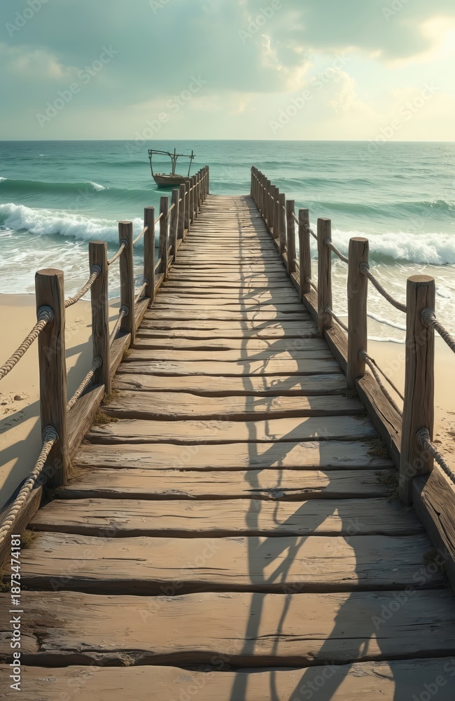 Fototapeta premium Long wooden pier leads to calm sea with gentle waves and a distant boat. Sandy beach borders the water under a hazy sky. Path offers peaceful ocean view.