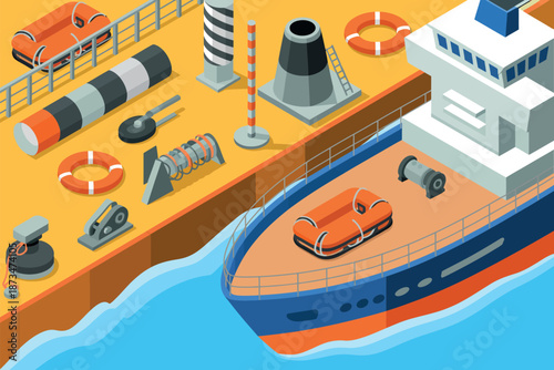 An illustration of a cargo ship docked at a port with various equipment and vehicles on board