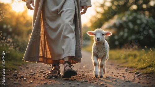 Jesus figure walking with a lamb on a dirt path during golden hour. The Good Shepherd biblical concept with robe and sandals