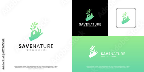 Hand and plant logo, with the concept of nature conservation, educating future generations, graphic illustration template.