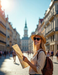 Woman with map, hat, sunglasses explores busy city square on sunny day. Female tourist with backpack happily looking for landmarks, directions. She enjoys urban sightseeing, solo travel adventure.