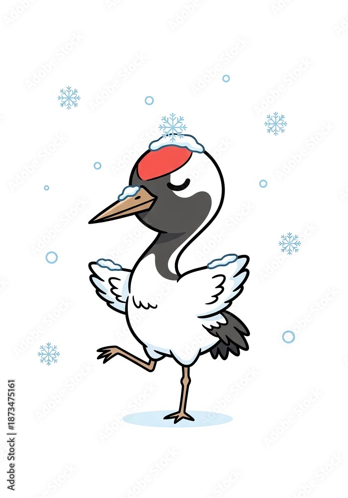 Fototapeta premium Cute Red Crowned Crane Dancing in Snow.