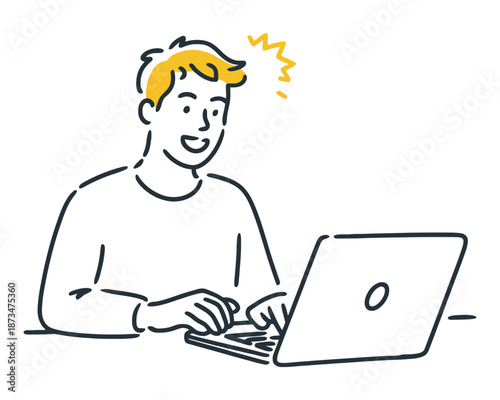 A man sitting at a desk and working on a laptop with a thoughtful expression