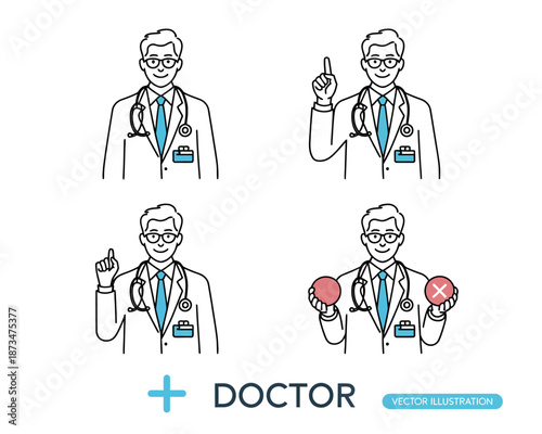 A doctor in a white coat with a stethoscope and various gestures in a vector illustration