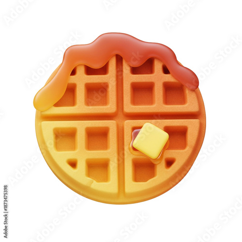Delicious waffle with glossy maple syrup and a cube of melting butter, presented in a cartoon style, perfect for breakfast or dessert illustrations