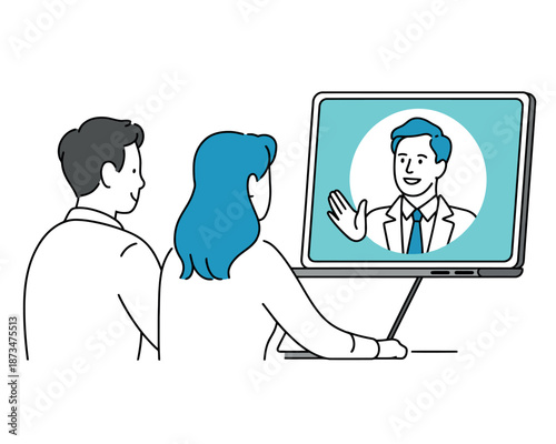 A man and woman engage in a video conference with a colleague on a computer screen.