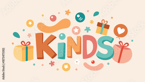 A vibrant kids logo featuring rounded letters and colorful gifts, perfect for children's branding or festive designs.