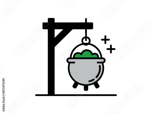 A cartoon cauldron hanging from a wooden beam with green bubbling potion inside